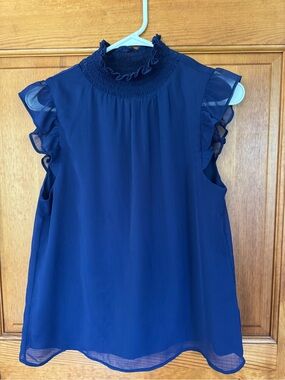 Navy High-Neck Ruffle Sleeve Women’s Top